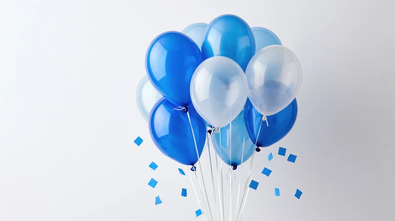 Cluster of blue and translucent helium balloons with confetti floating against white background
