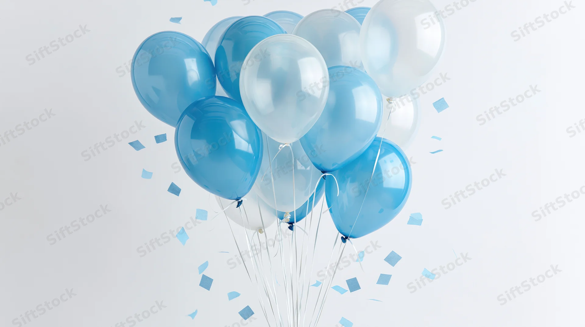 Cluster of blue and translucent helium balloons with confetti floating against white background