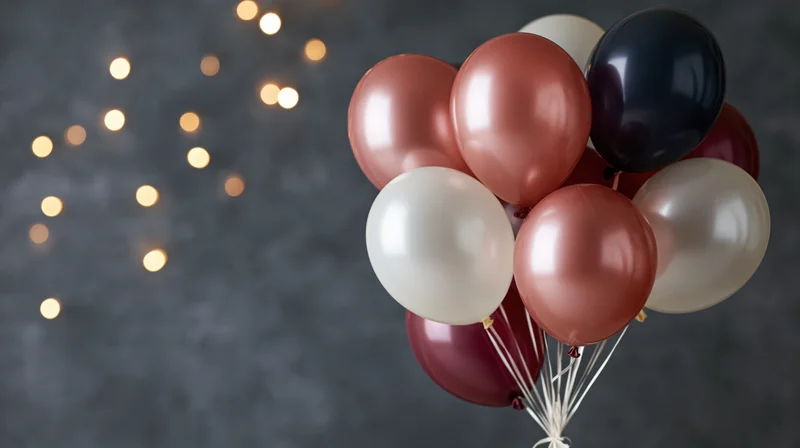 Cluster of helium balloons in rose gold, pearl white, black and burgundy tied together floating against a dark gray background with warm bokeh lights and copyspace on the left