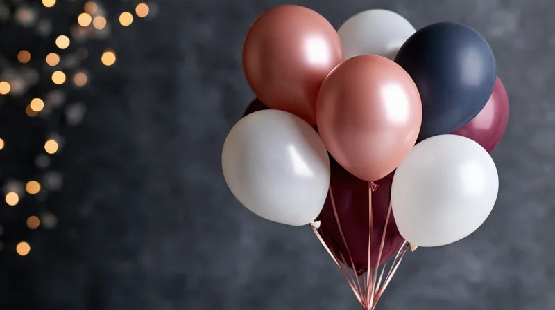 Cluster of helium balloons in rose gold, pearl white, navy blue and burgundy tied together against dark background with bokeh lights on left