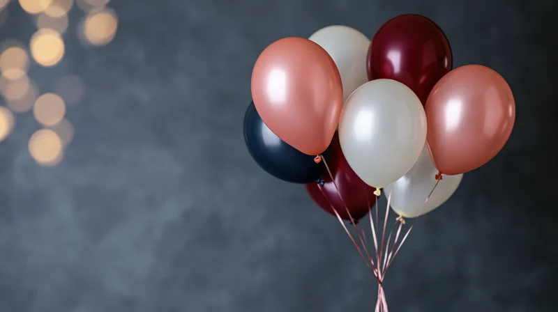 Cluster of helium balloons in rose gold, pearl white, deep red and navy blue tied together floating against dark gray background with bokeh lights and copyspace on left