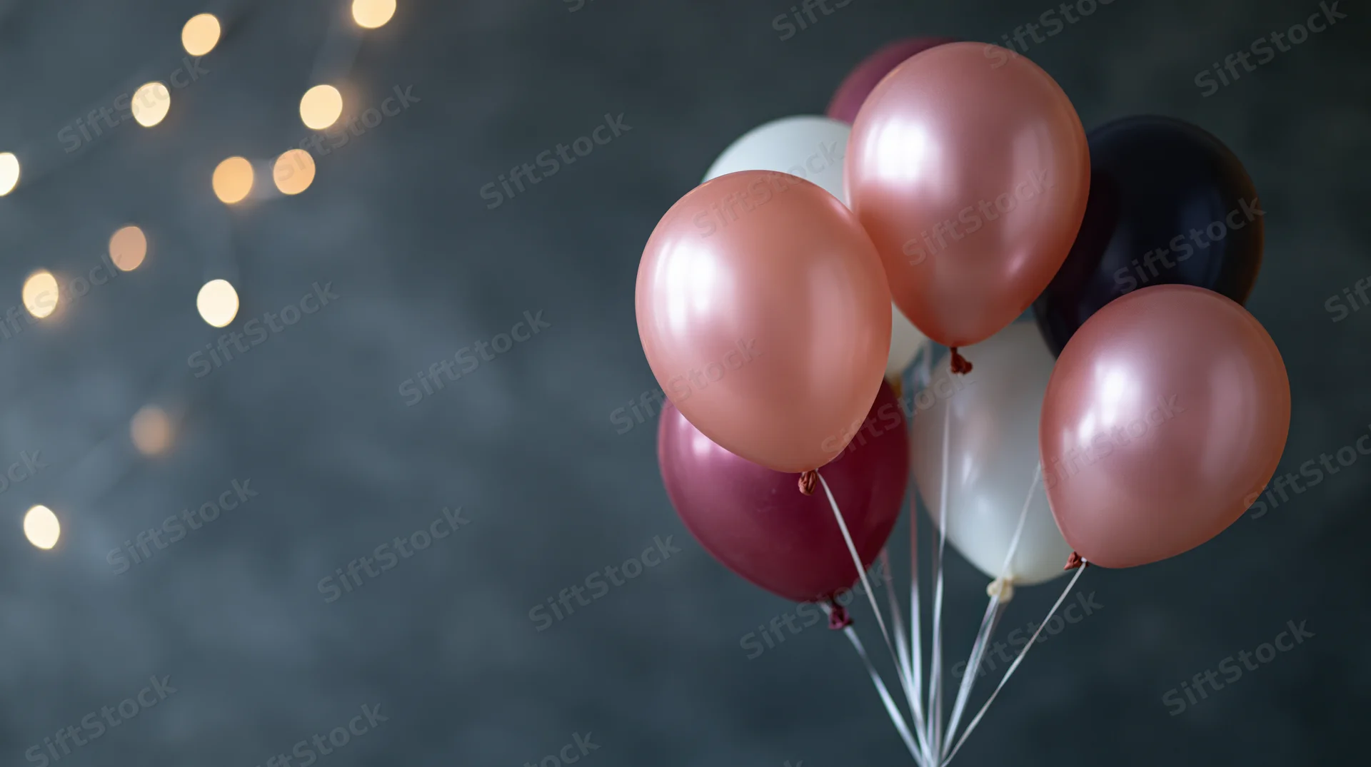 Cluster of rose gold, white, black and burgundy helium balloons floating against dark background with string lights bokeh and copyspace