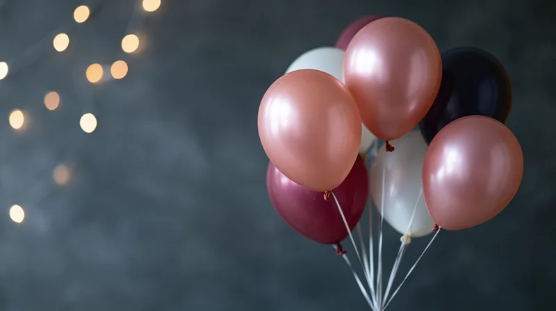 Cluster of rose gold, white, black and burgundy helium balloons floating against dark background with string lights bokeh and copyspace