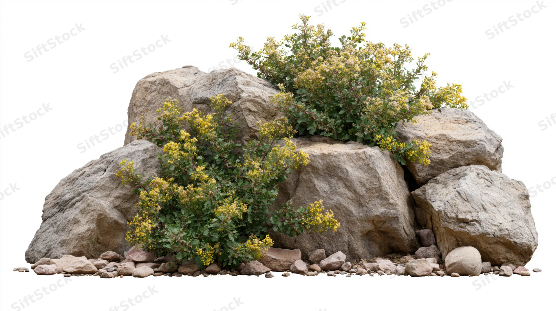 Cluster of rough sandstone rocks with wild yellow flowers growing among them, isolated on white background