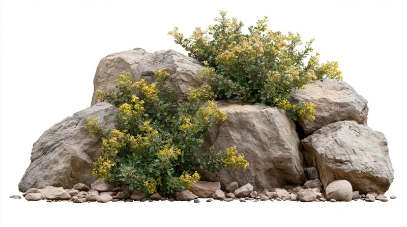 Cluster of rough sandstone rocks with wild yellow flowers growing among them, isolated on white background