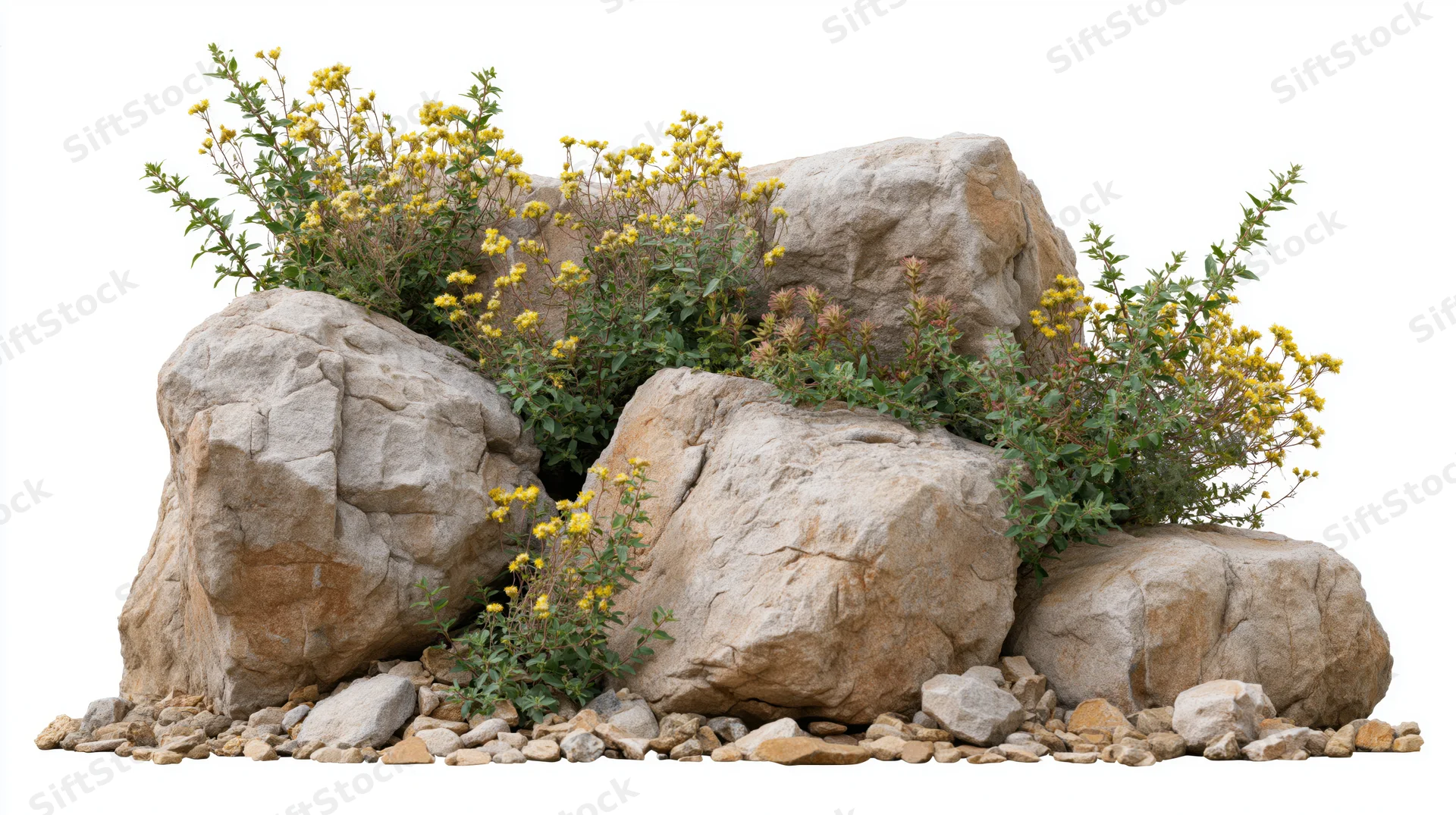 Cluster of rough sandstone rocks with wild yellow flowers growing between them on white background