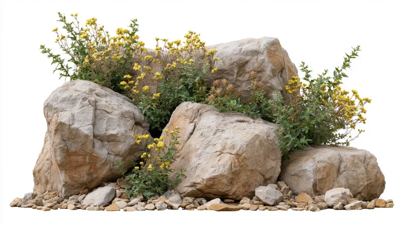 Cluster of rough sandstone rocks with wild yellow flowers growing between them on white background