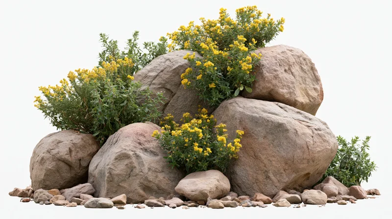 Cluster of rough sandstone rocks with wild yellow flowers growing between them on white background