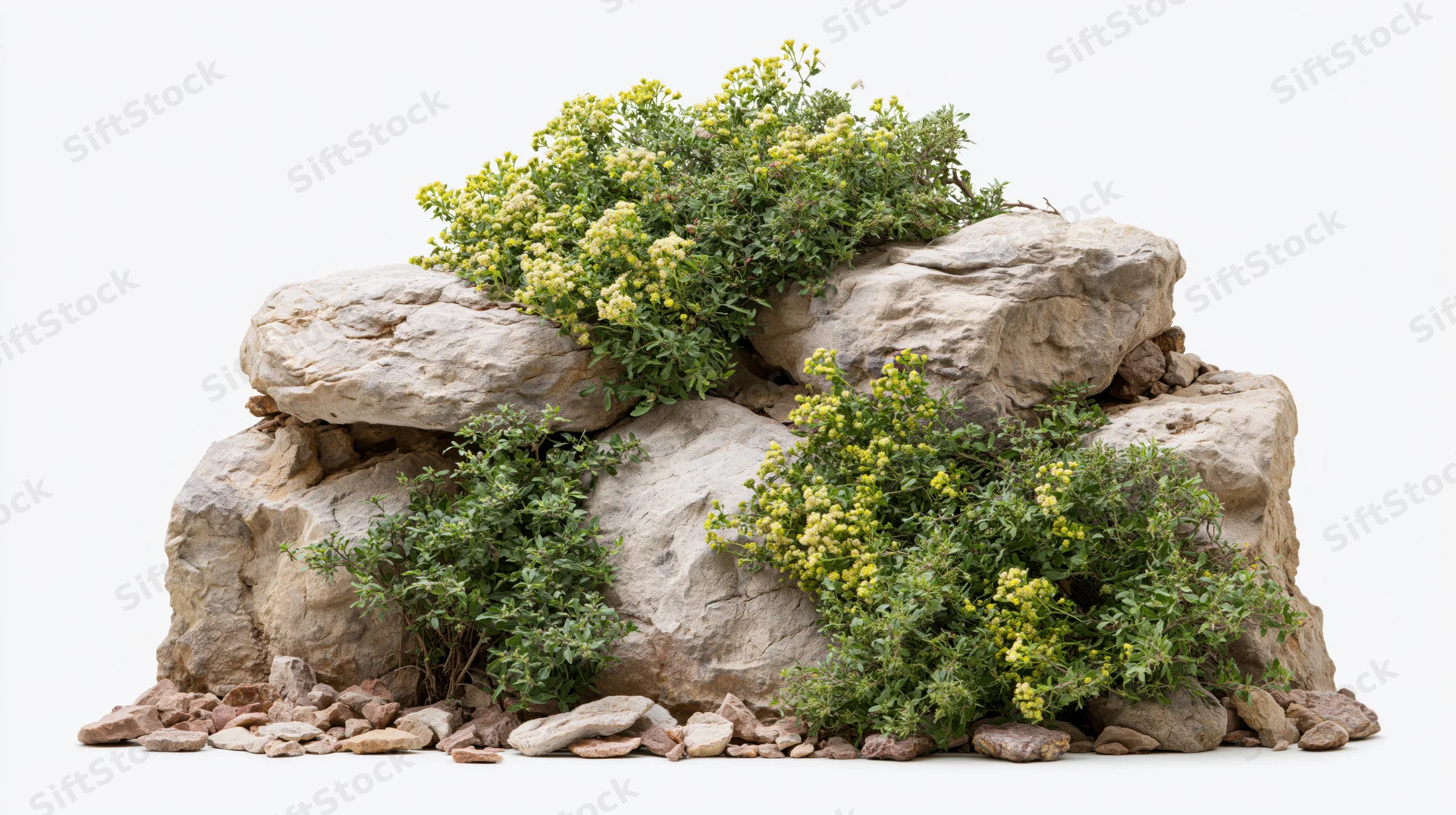 Cluster of rough sandstone rocks with wild yellow flowers growing from crevices, isolated on white background