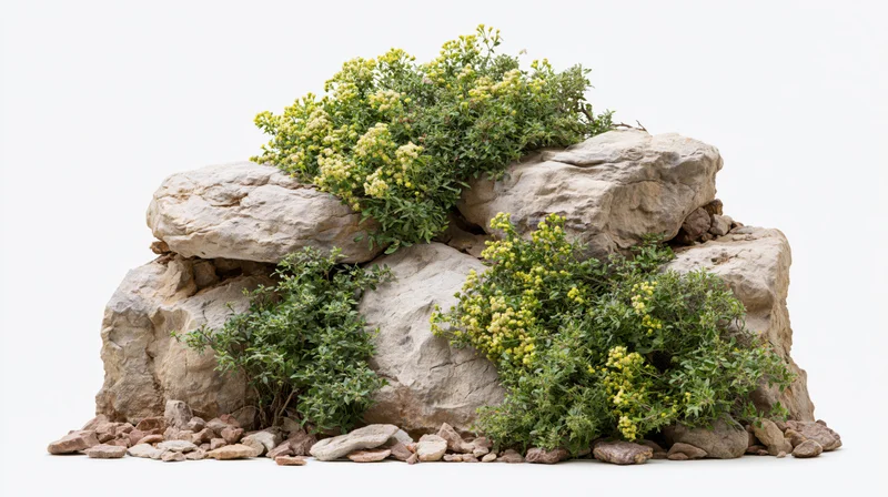 Cluster of rough sandstone rocks with wild yellow flowers growing from crevices, isolated on white background