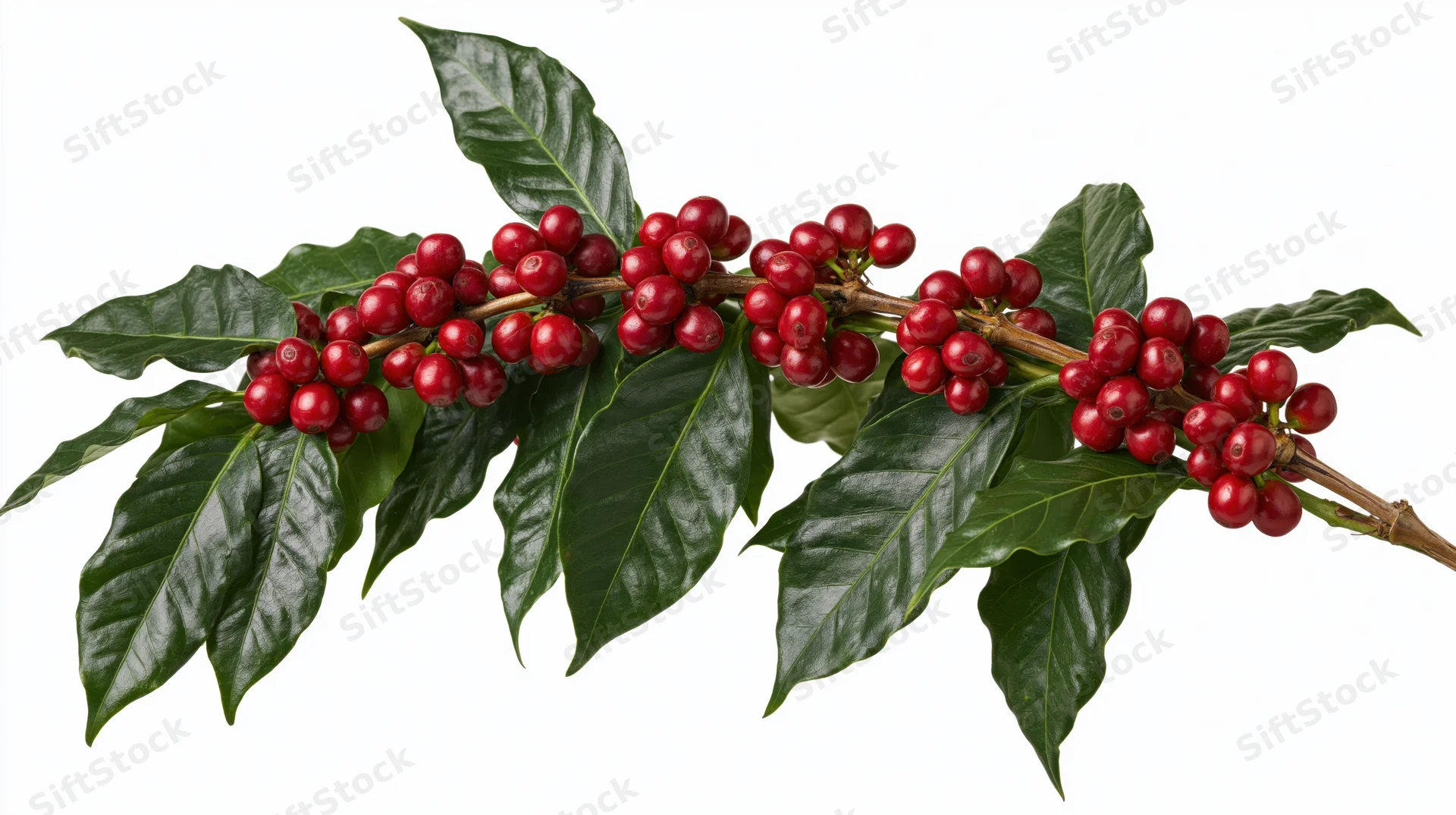 Coffee plant branch with ripe red cherries and green leaves isolated on white