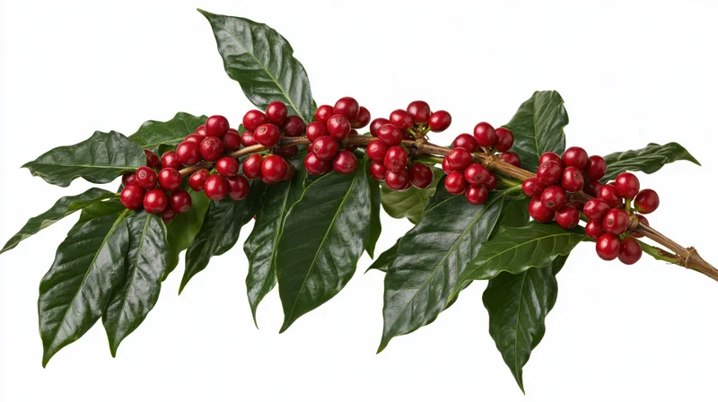 Coffee plant branch with ripe red cherries and green leaves isolated on white