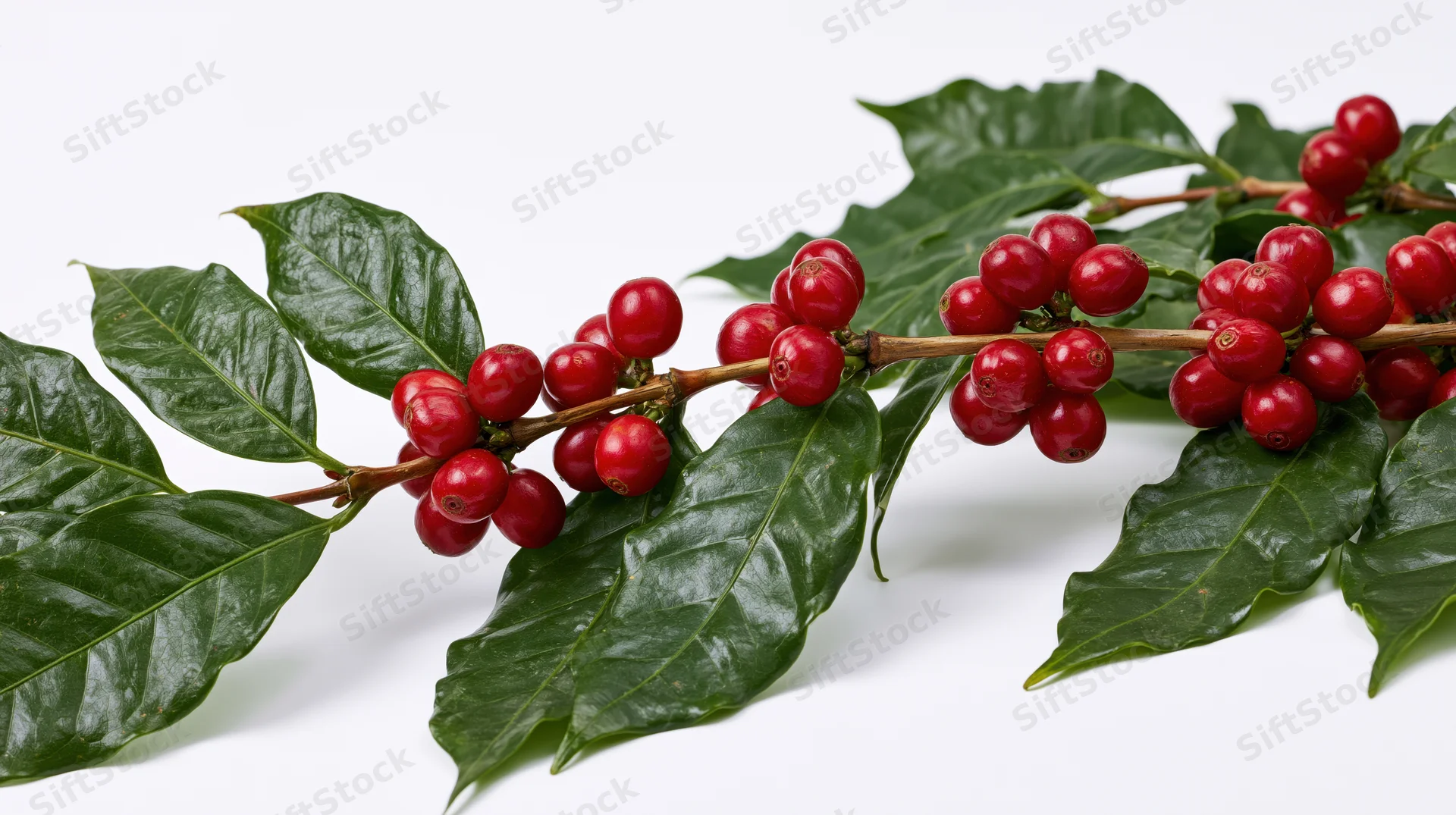 Coffee plant branch with ripe red cherries and green leaves on white background