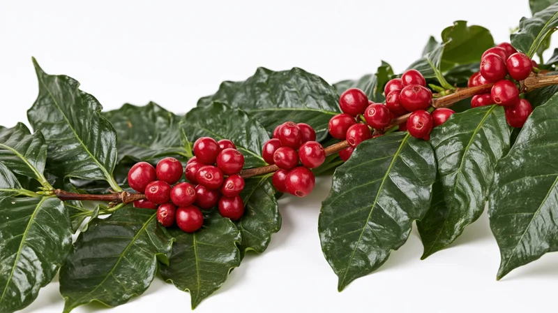 Coffee plant branch with ripe red cherries and green leaves on white background
