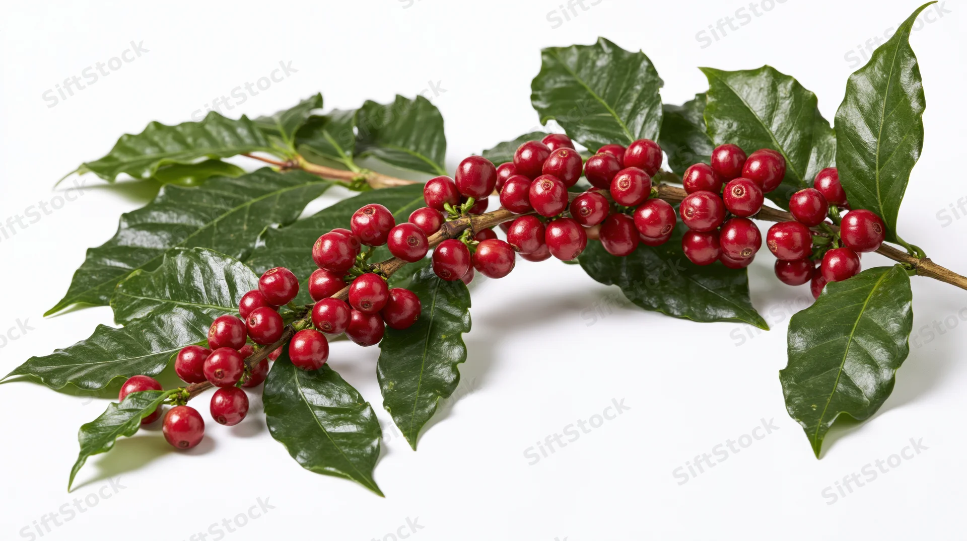 Coffee plant branch with ripe red cherries and green leaves on white background