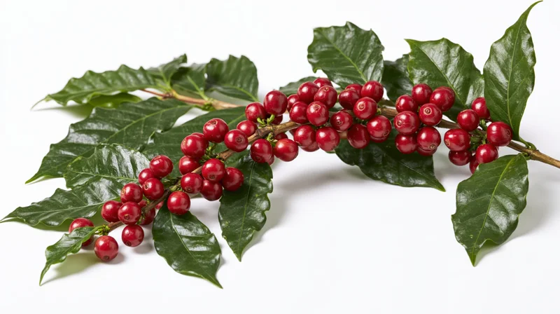 Coffee plant branch with ripe red cherries and green leaves on white background