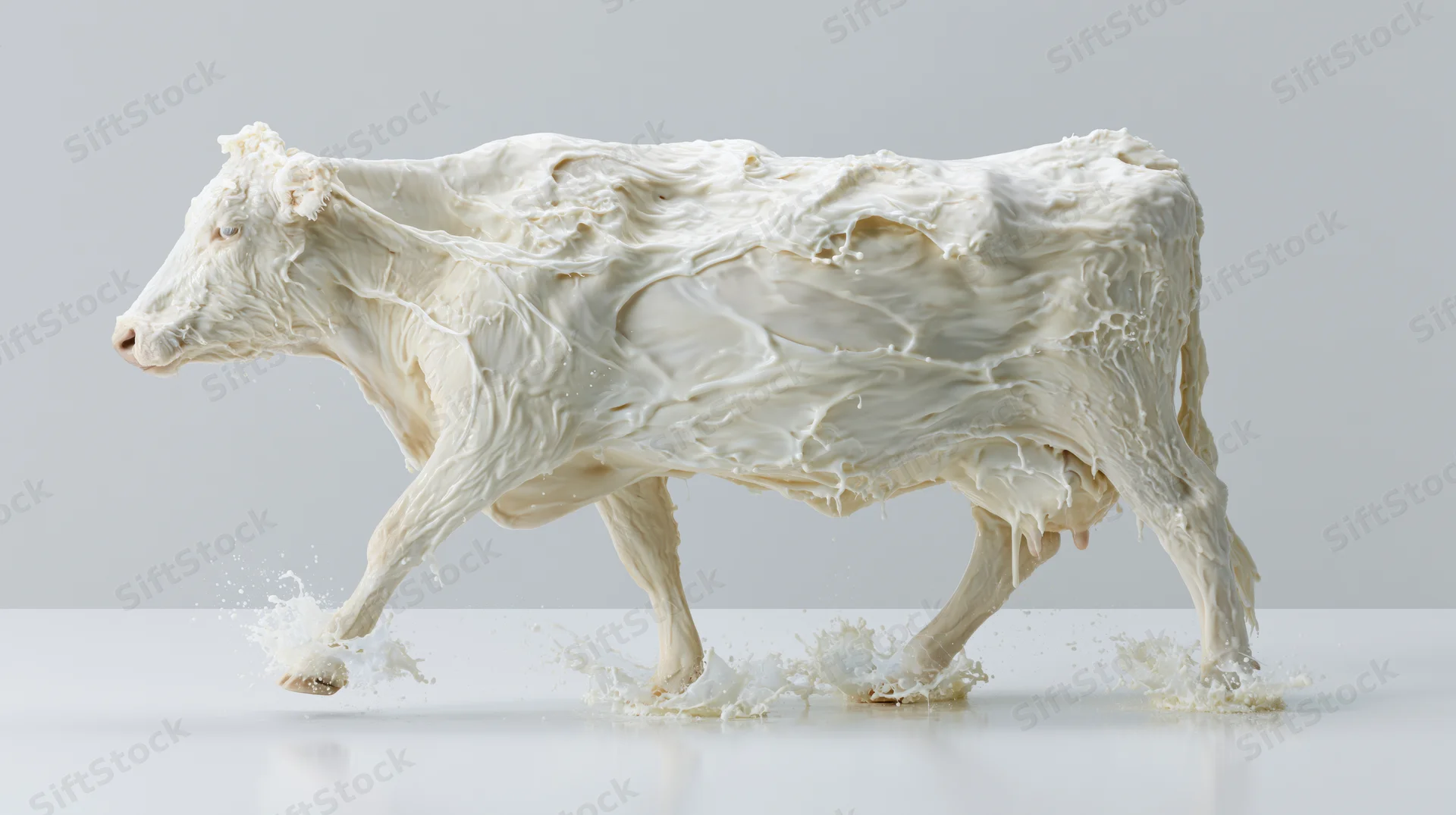 Cow formed from cream walking mid-stride on white surface