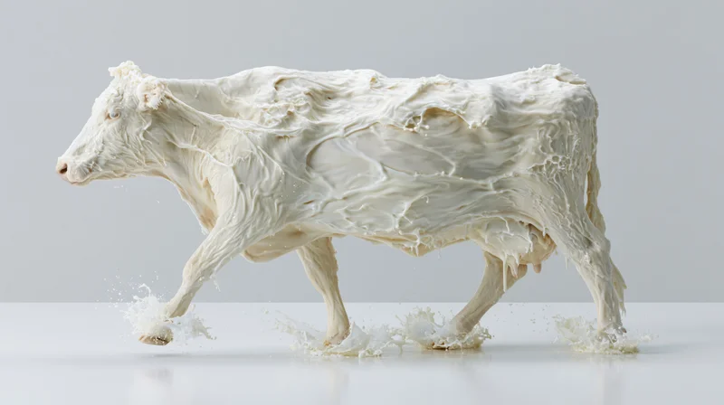 Cow formed from cream walking mid-stride on white surface