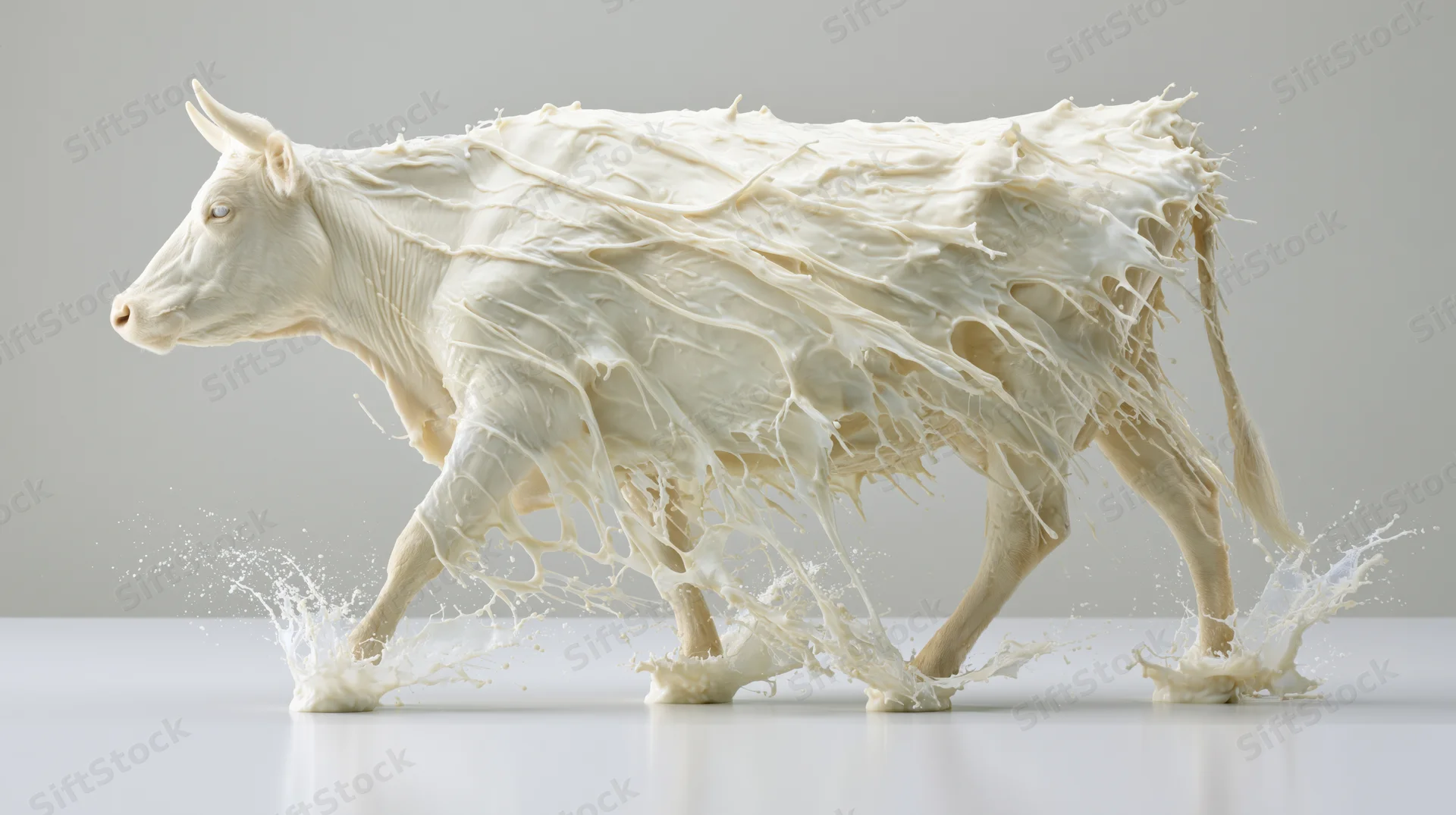 Cow formed from flowing milk walking mid-stride on white surface