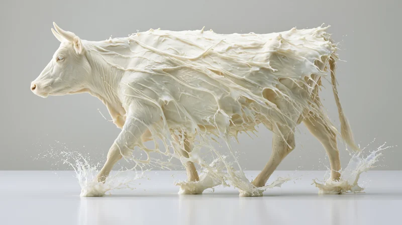 Cow formed from flowing milk walking mid-stride on white surface
