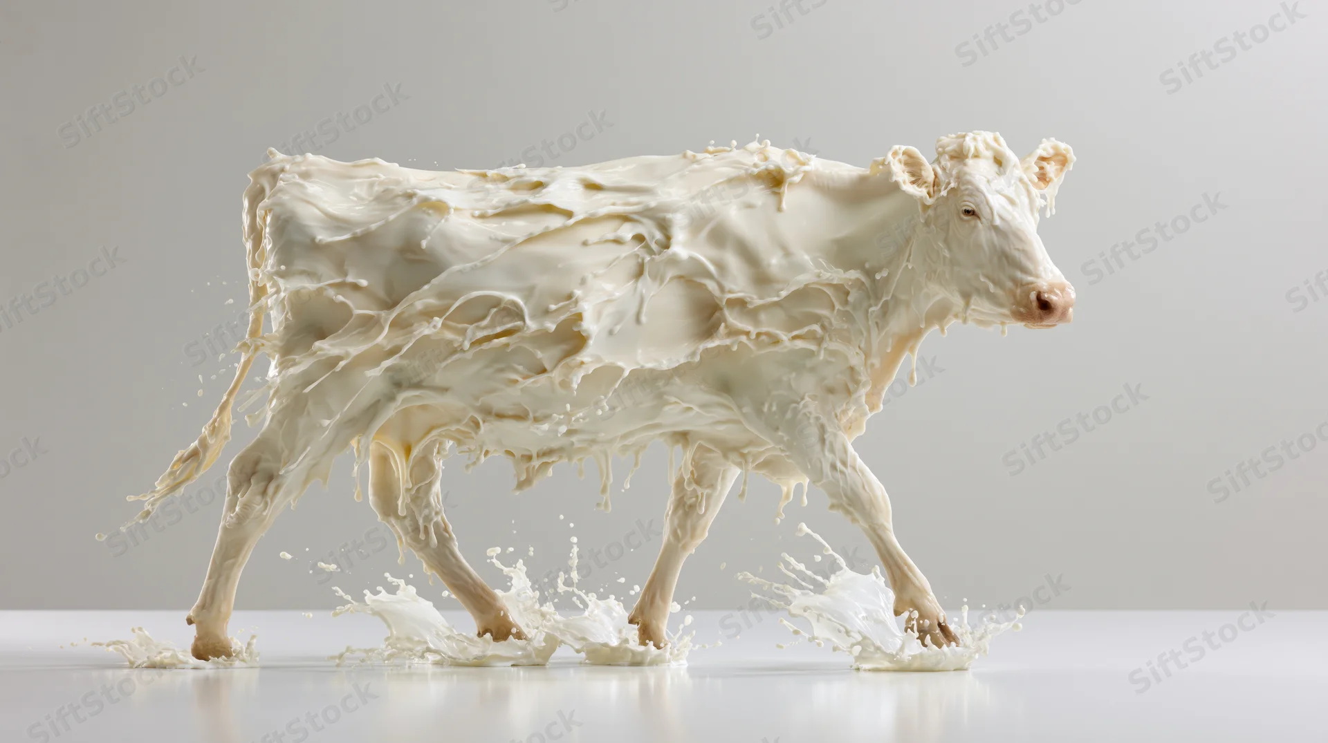 Cow formed from milk walking mid-stride in studio setting