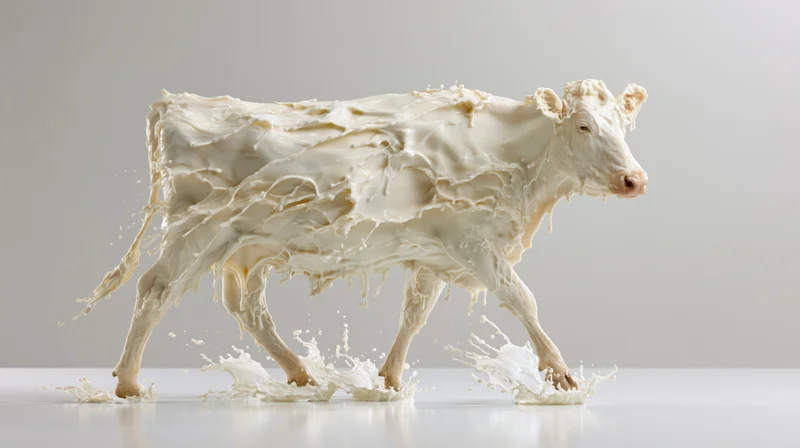 Cow formed from milk walking mid-stride in studio setting