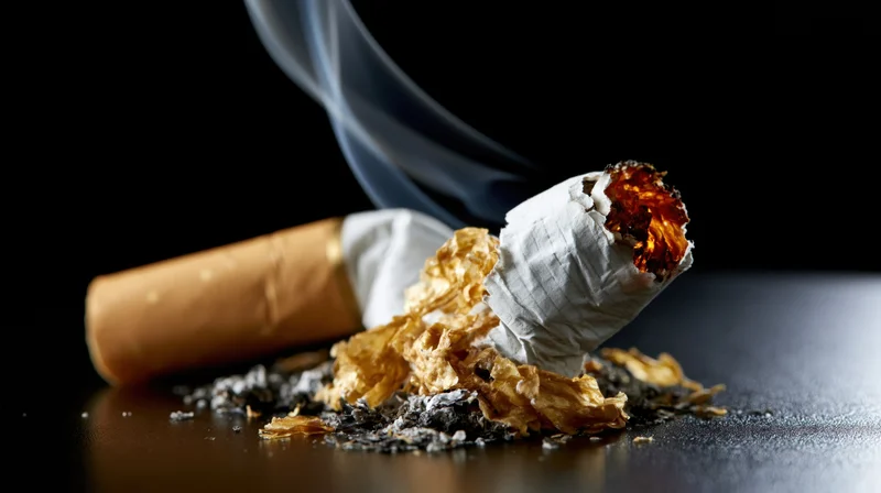 Crushed cigarette butt with smoke and ash on a dark reflective surface