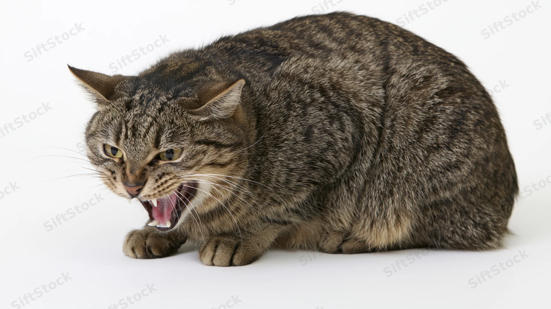 Dark tabby domestic cat crouched low and hissing aggressively on white background
