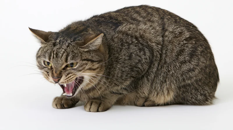 Dark tabby domestic cat crouched low and hissing aggressively on white background