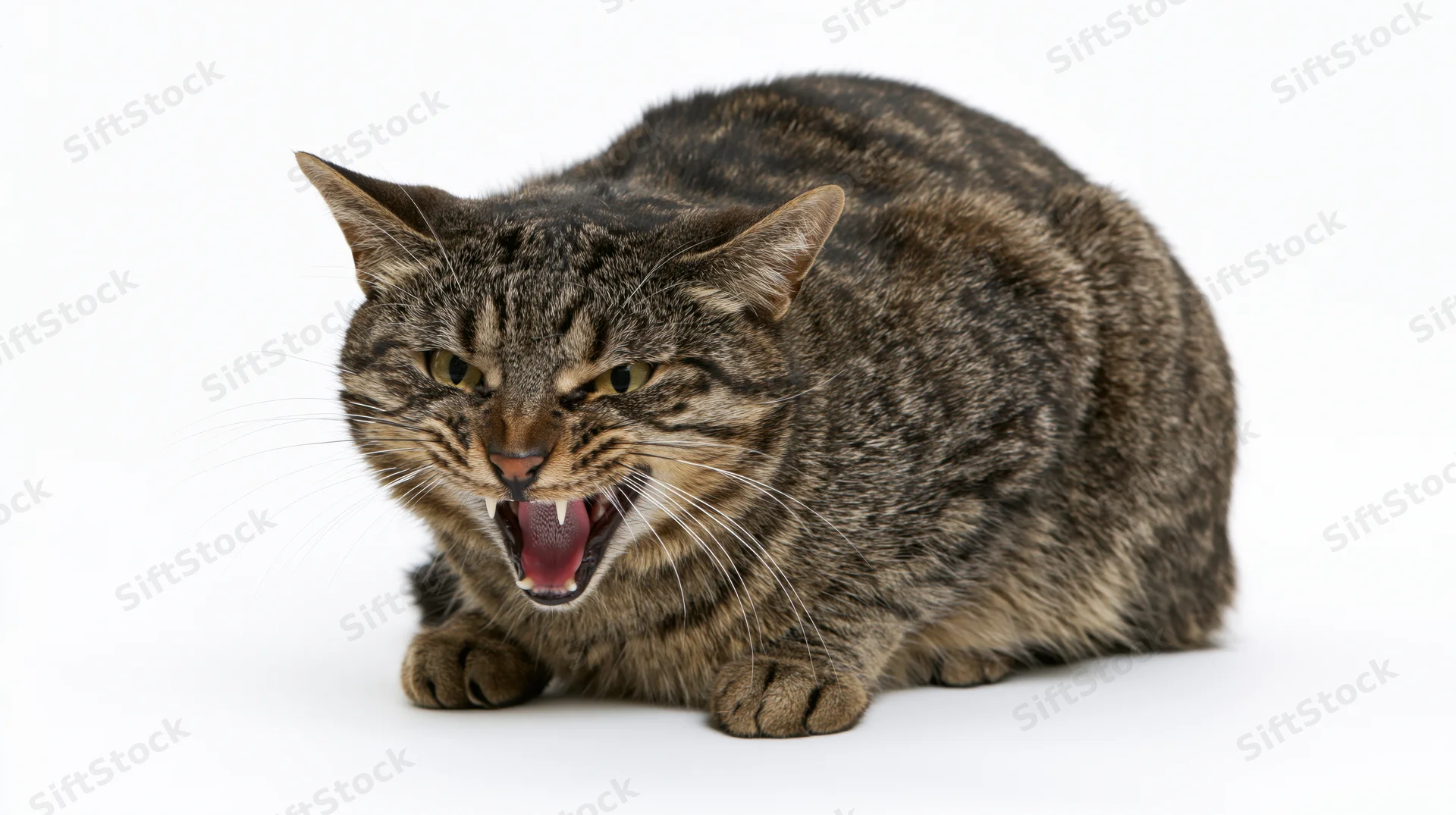 Dark tabby domestic cat crouched low and hissing aggressively on white background