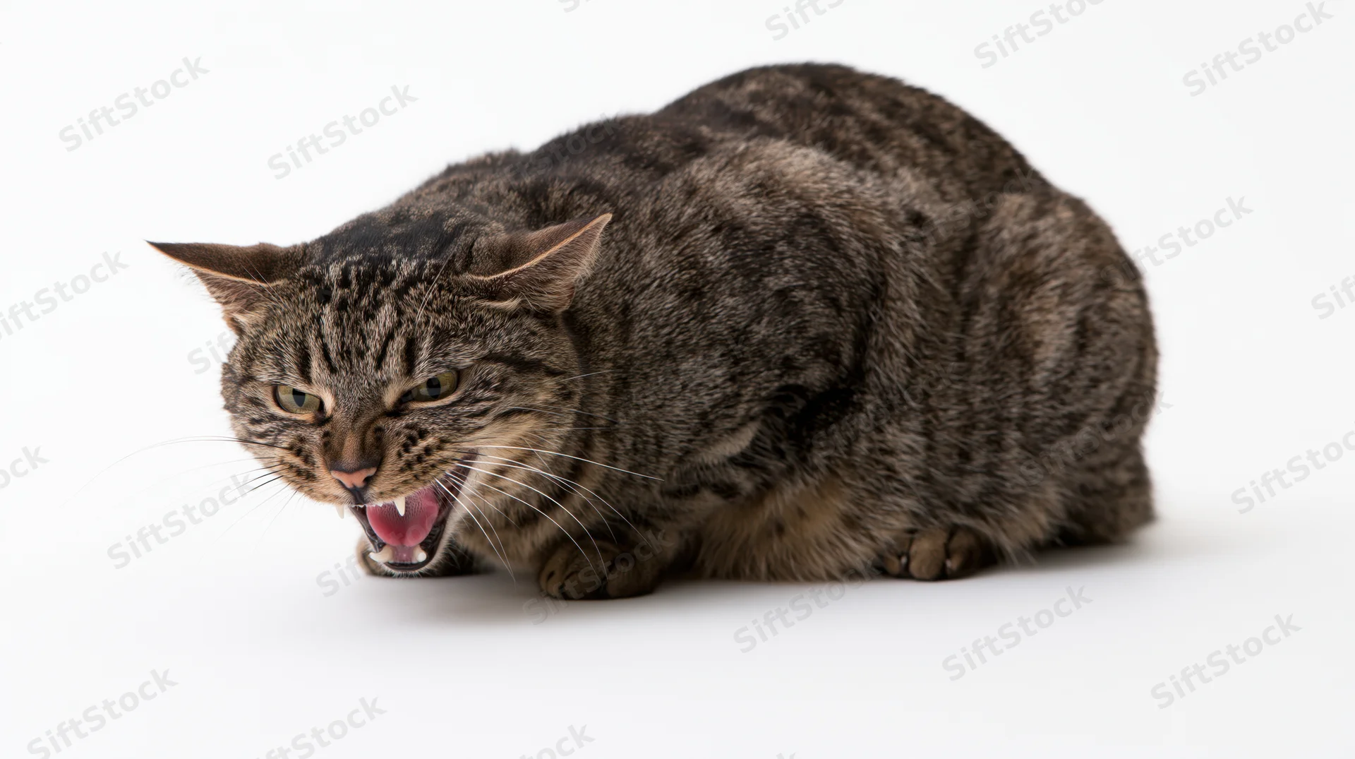 Dark tabby domestic cat crouched low and hissing aggressively on white background