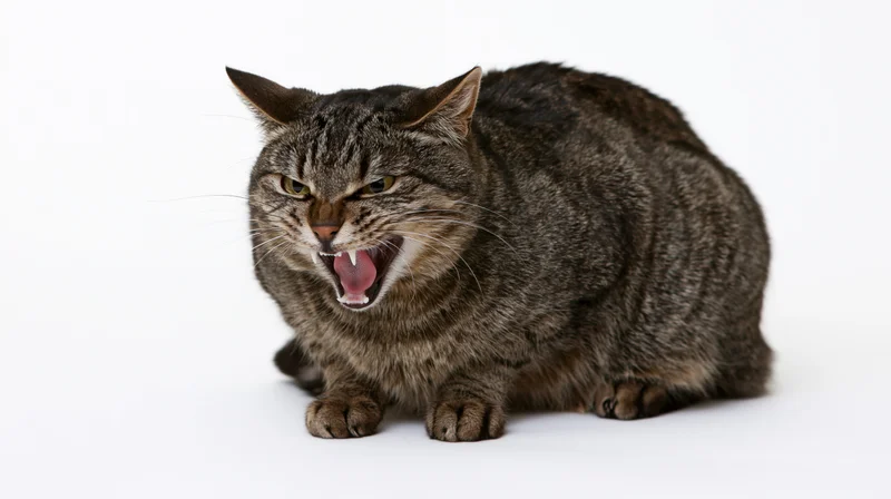 Dark tabby domestic cat crouched low and hissing aggressively on white background