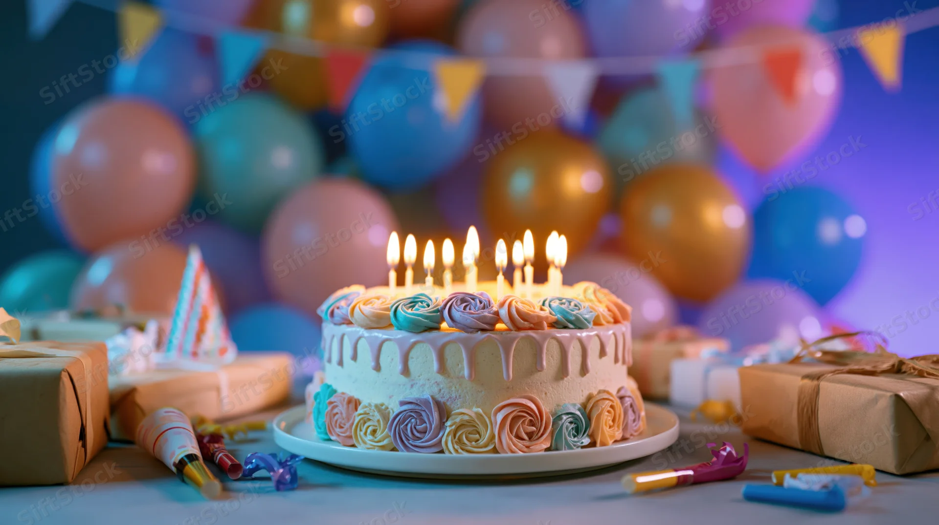 Decorated birthday cake with lit candles on a table surrounded by gifts and party decorations