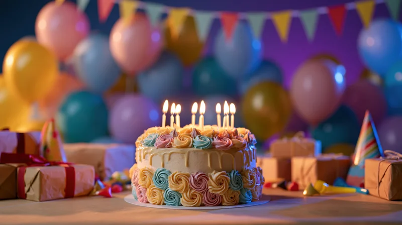 Decorated birthday cake with lit candles on a table surrounded by gifts and balloons