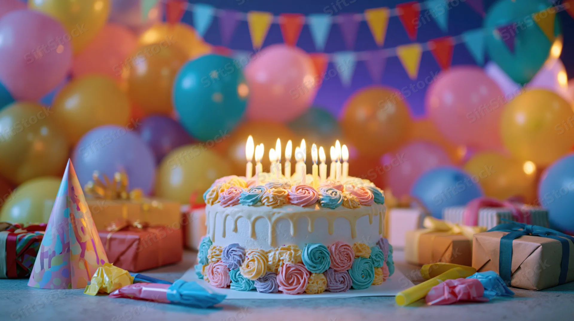 Decorated birthday cake with lit candles on a table surrounded by balloons and gifts