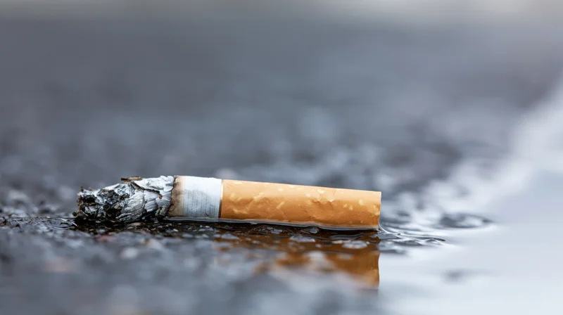 Discarded cigarette butt lying on wet dark asphalt with water reflection