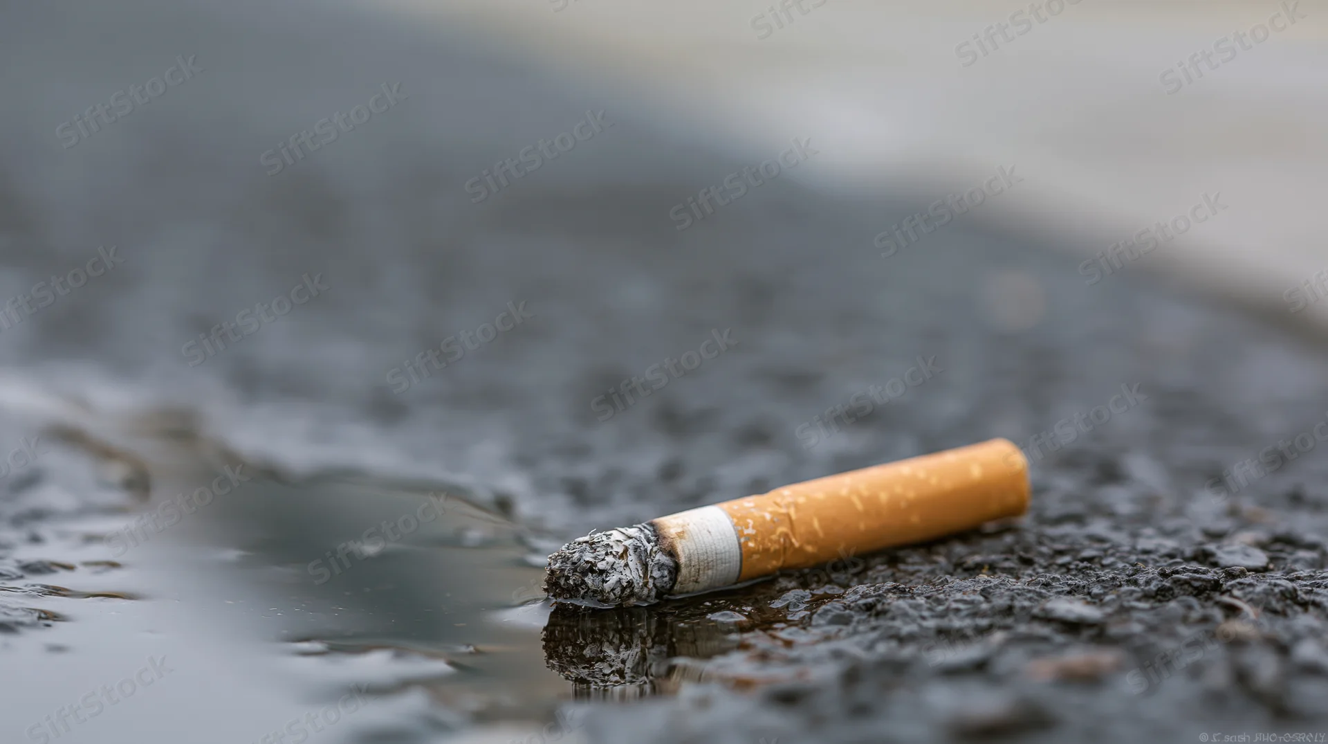 Discarded cigarette butt lying on wet dark asphalt with ash and reflection in puddle