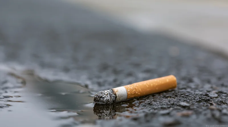 Discarded cigarette butt lying on wet dark asphalt with ash and reflection in puddle