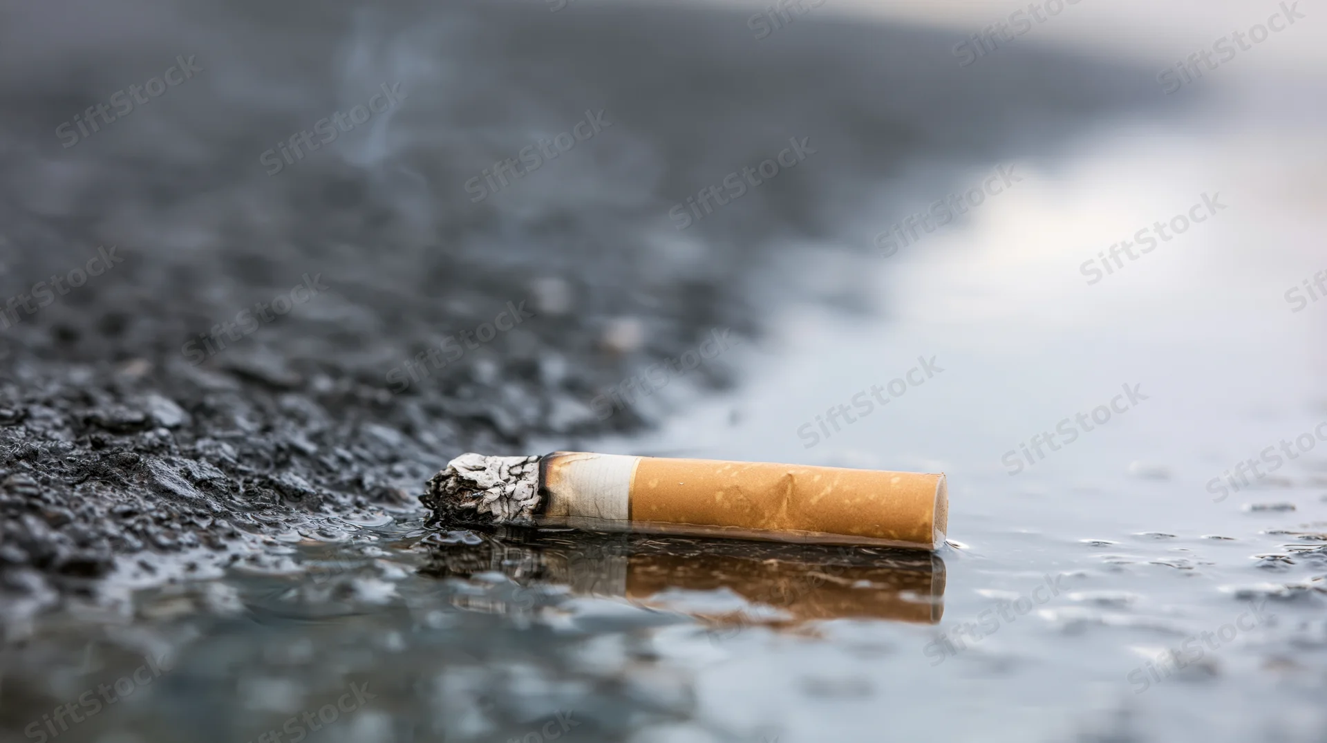 Discarded cigarette butt lying on wet asphalt with smoke rising and reflection in puddle