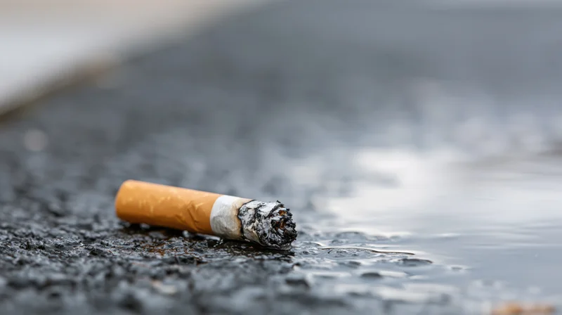Discarded cigarette butt lying on wet dark asphalt with smoke rising