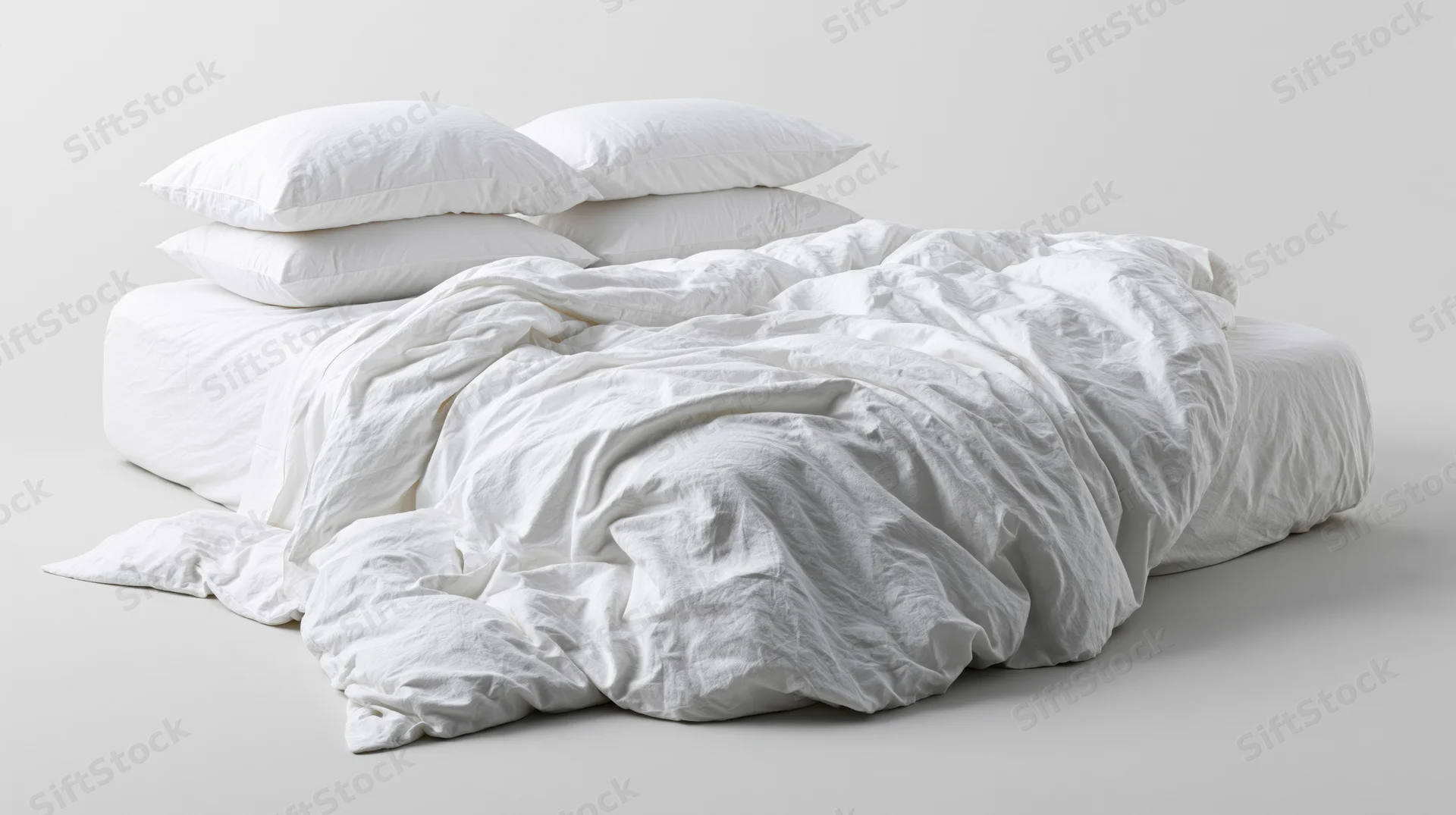 Rumpled white cotton bedding on a double bed with four plump pillows, unmade and undressed, on a plain background