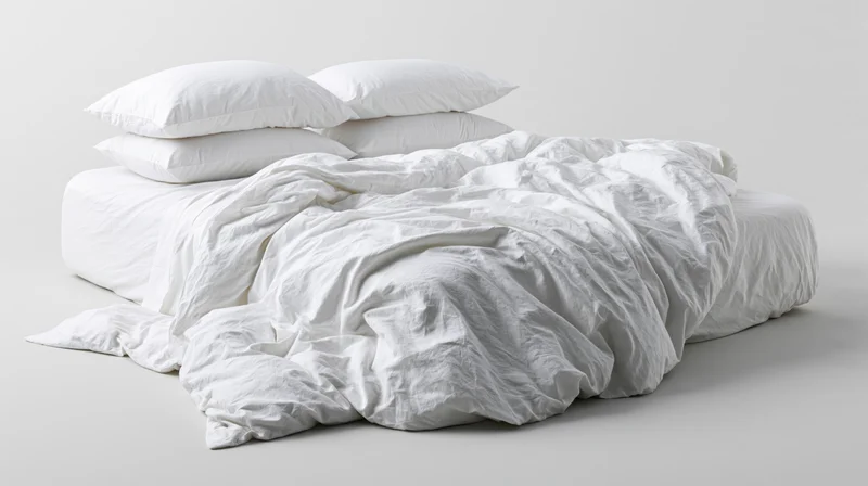 Rumpled white cotton bedding on a double bed with four plump pillows, unmade and undressed, on a plain background