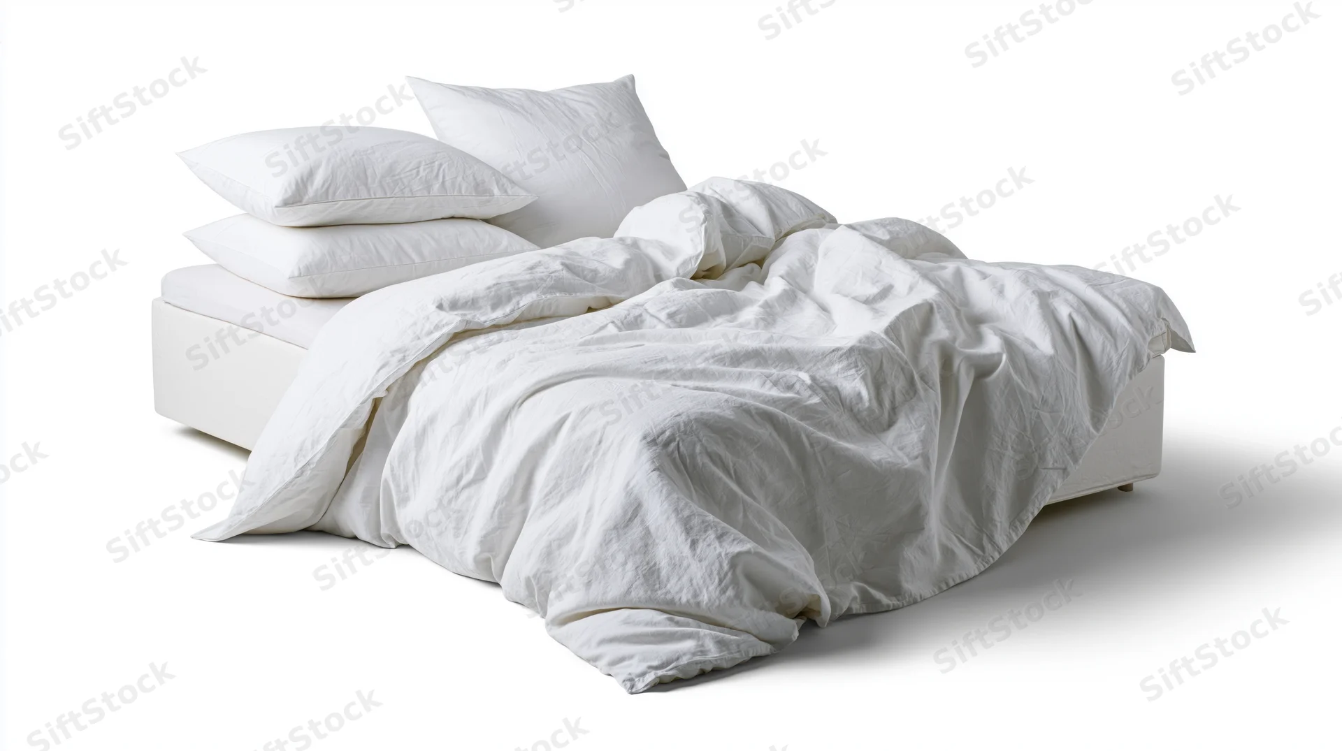 Unmade double bed with rumpled white cotton bedding and four pillows on white background