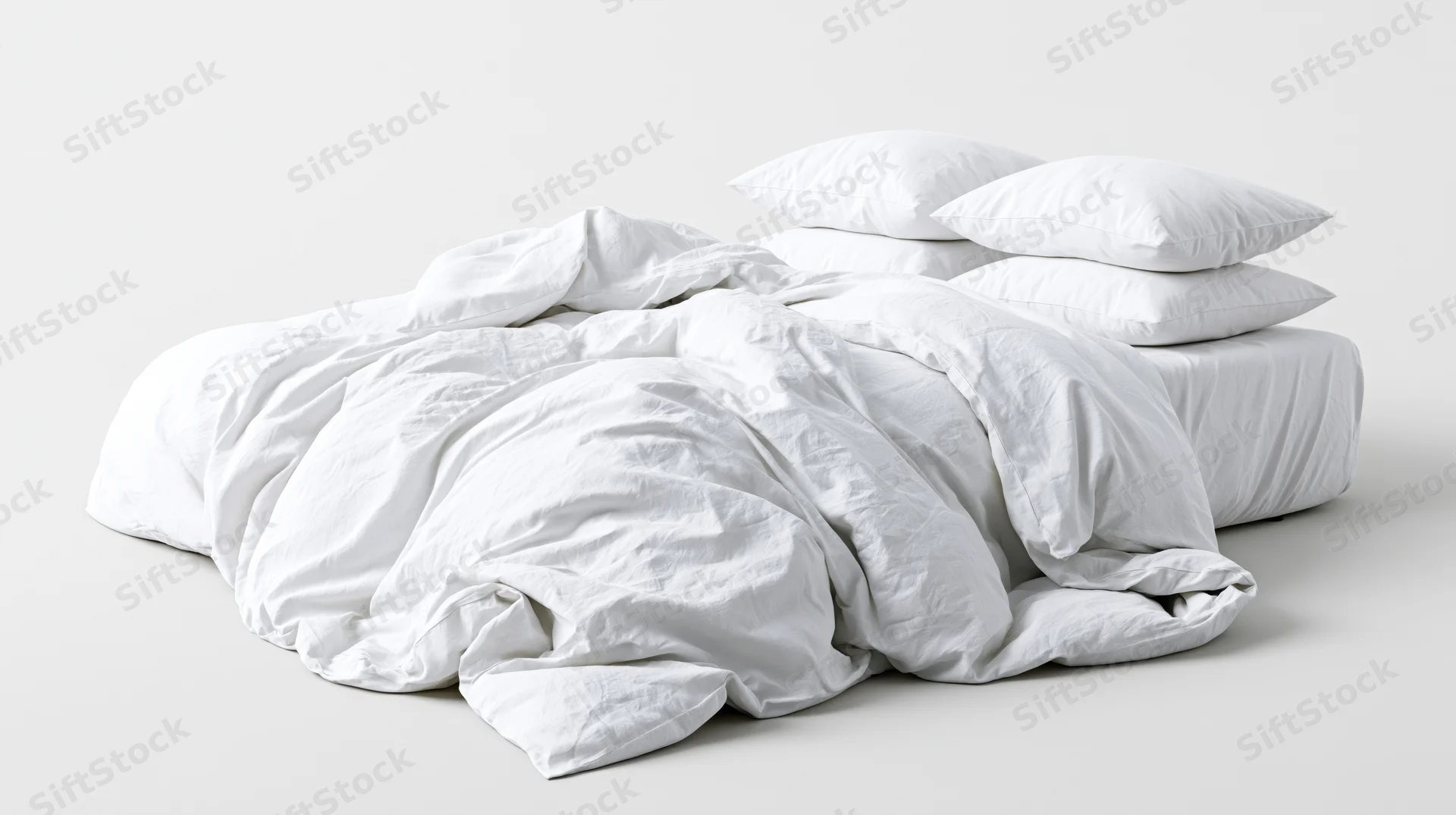Rumpled white cotton bedding and four plump pillows on a mattress in a studio setting