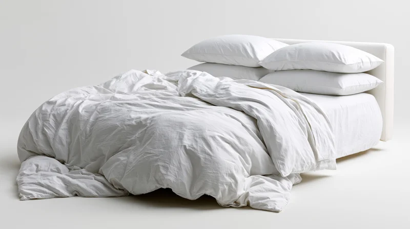 Unmade double bed with rumpled white cotton bedding and four pillows on a white background