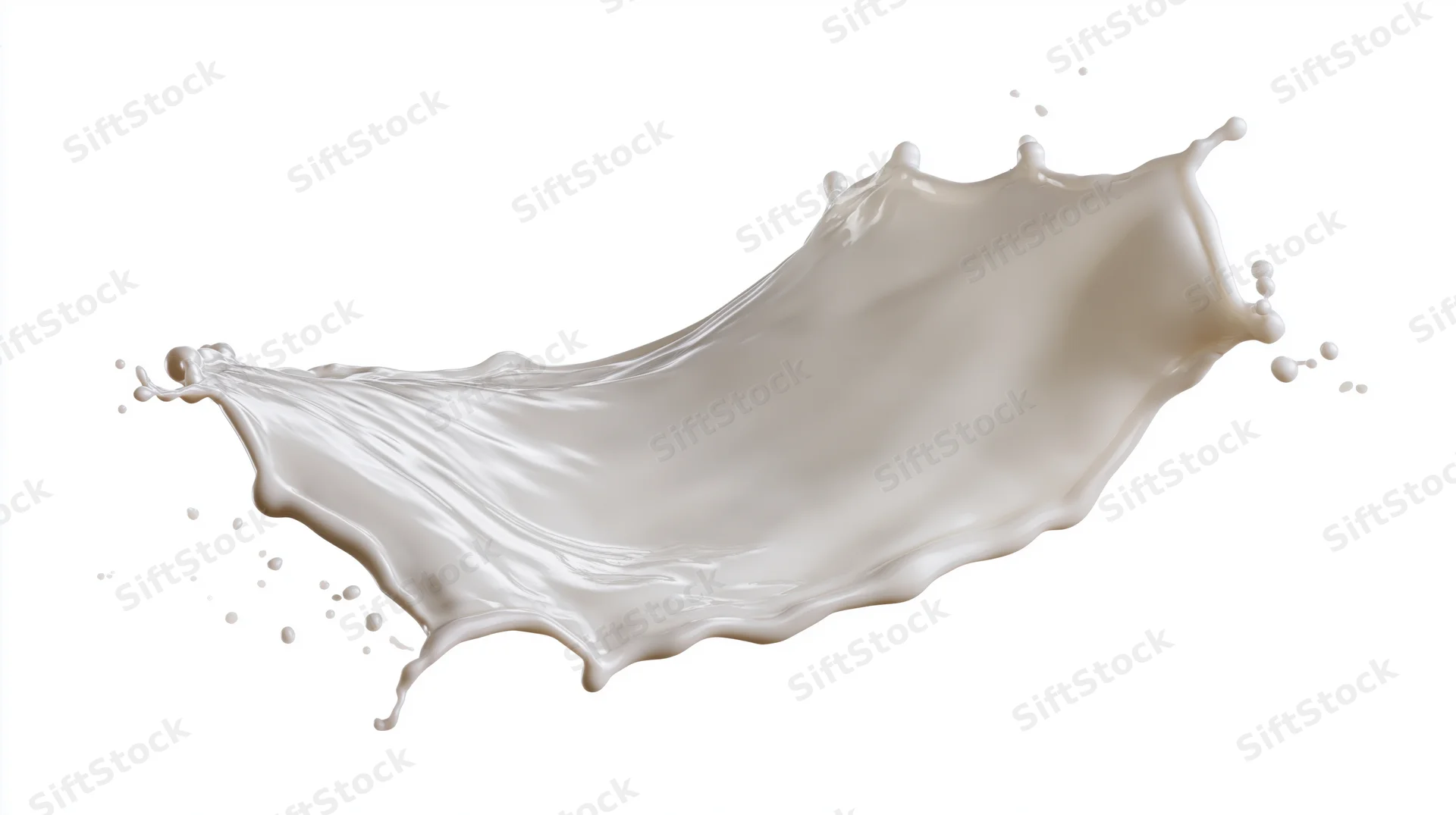 Dynamic milk splash frozen mid-motion curving in a flowing arc against white background