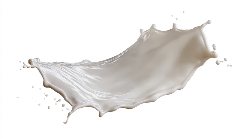 Dynamic milk splash frozen mid-motion curving in a flowing arc against white background