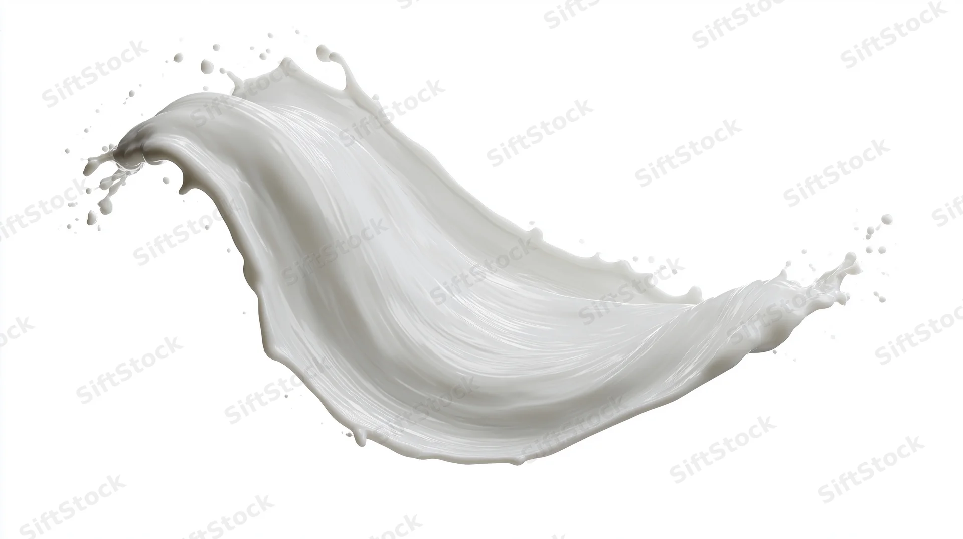 Dynamic milk splash frozen mid-motion curving in a flowing arc against white background