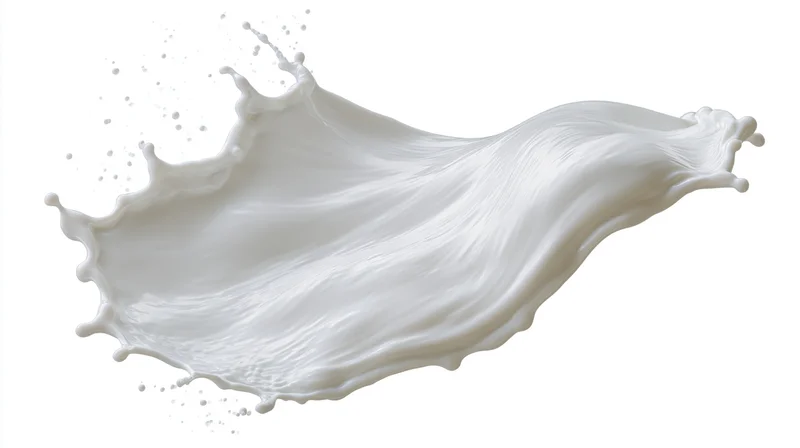 Dynamic milk splash frozen mid-motion curving in a flowing arc against white background