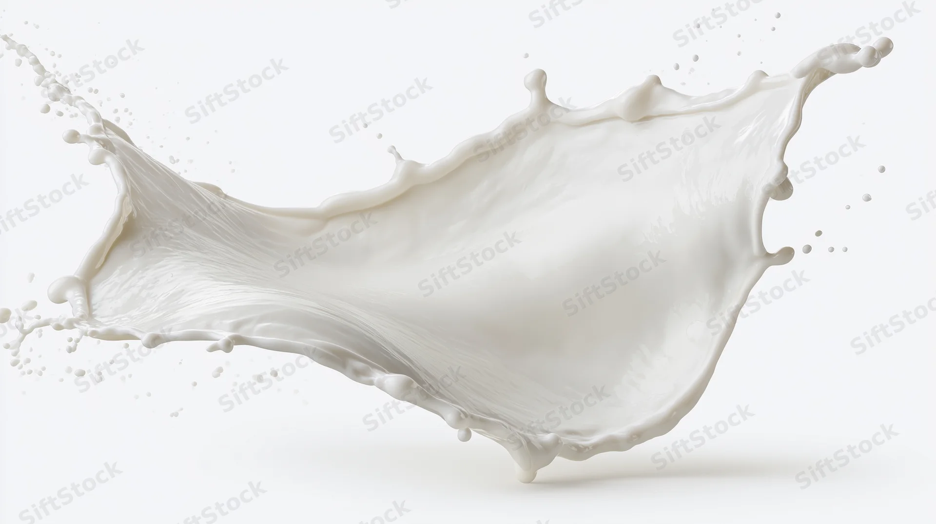 Dynamic milk splash frozen mid-motion curving in a flowing arc against white background